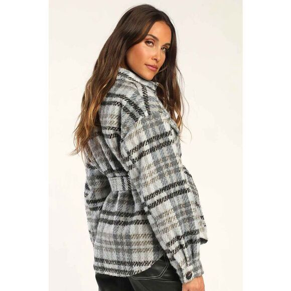 Lulus Women's Seasonal Moves Plaid Collared Belted Shacket Blue Grey XS NWOT - Picture 2 of 9